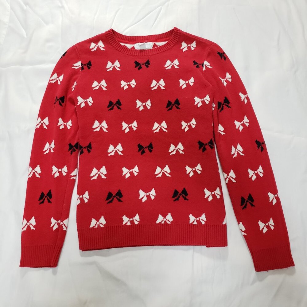 Bow Pattern Preppy Girlhoodcore Knit Fitted Crewneck Sweater Dark Red Size P M